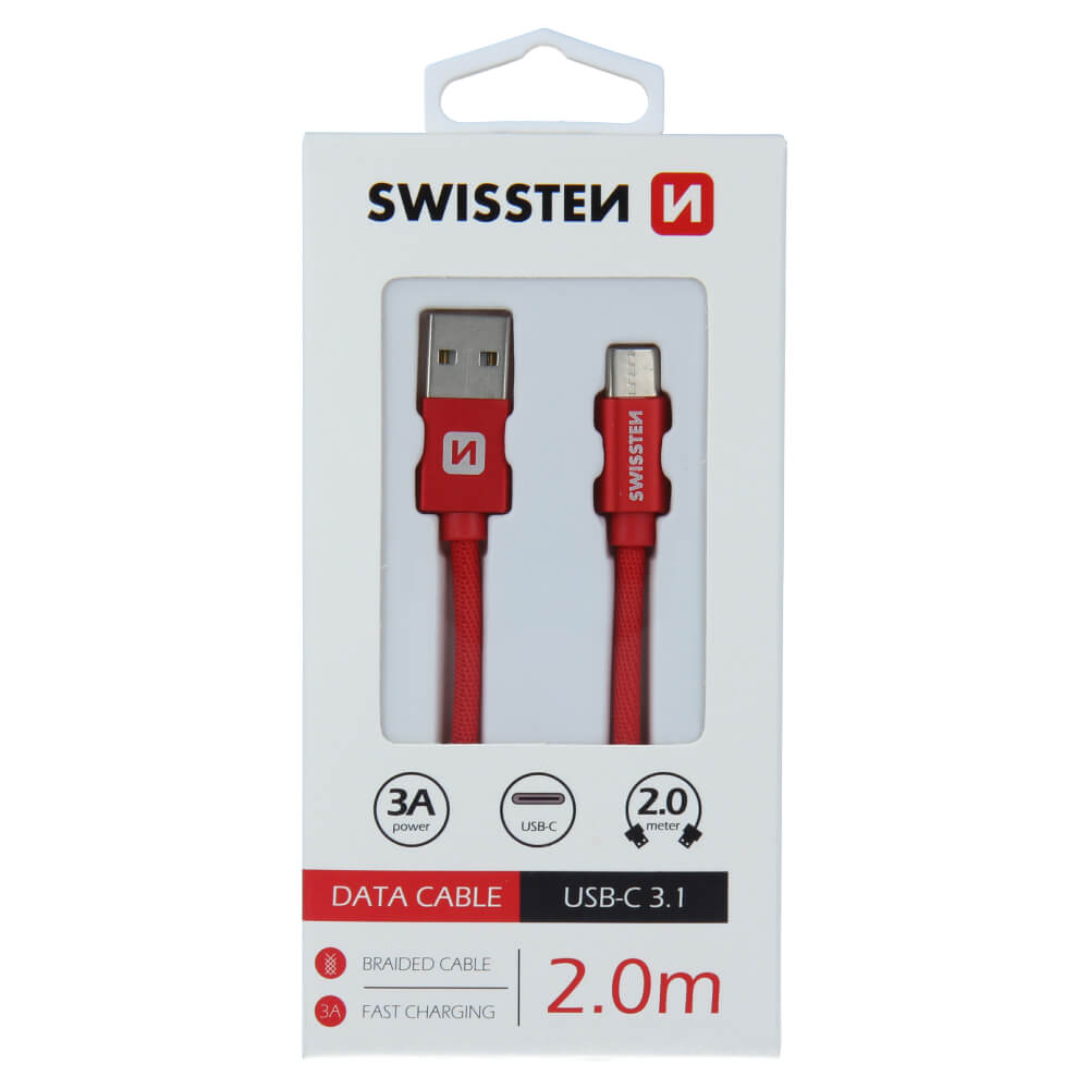 Textilný dátovy kábel Swissten USB / USB-C 2,0 M - červený